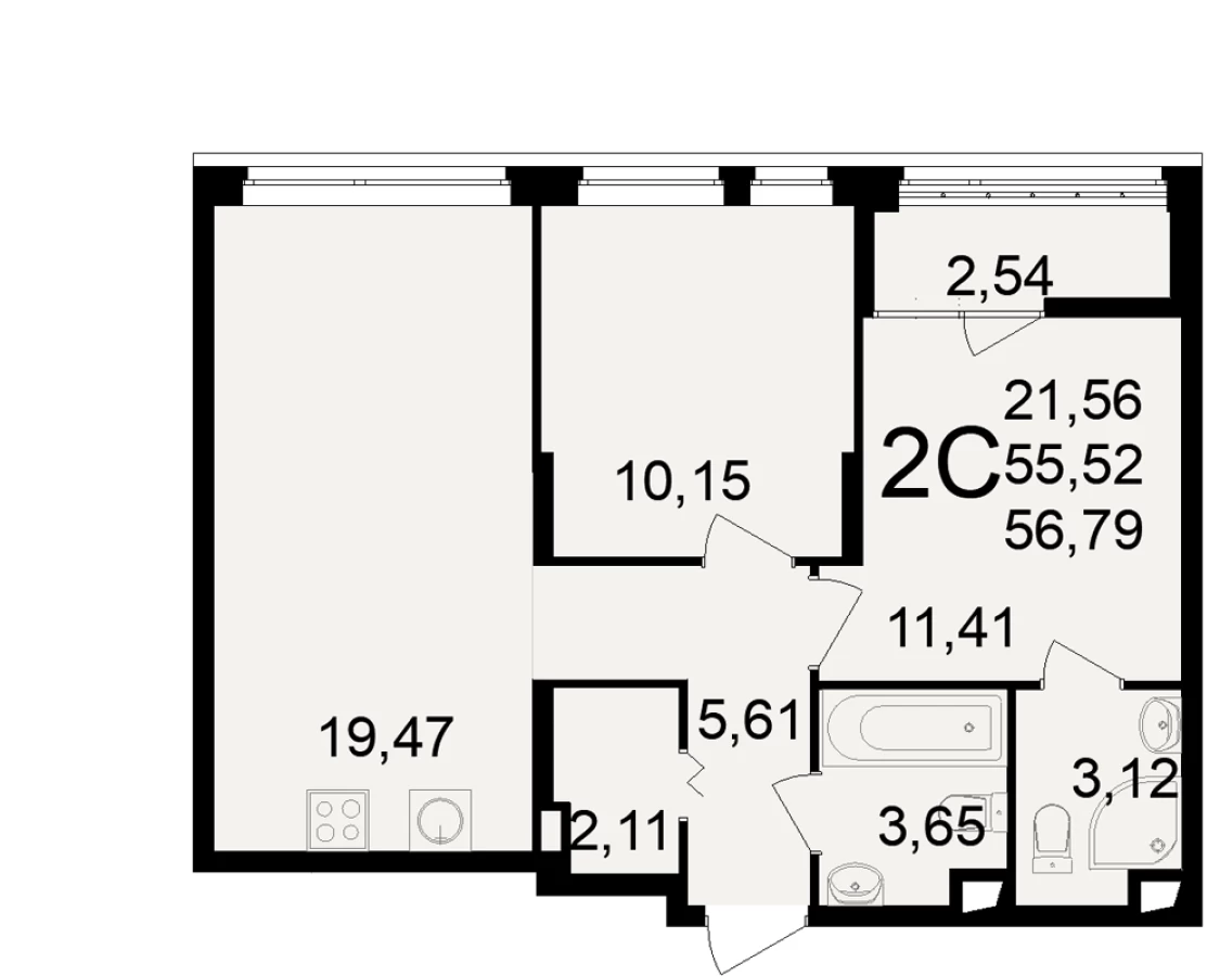 Двухкомнатная квартира в Рязани площадью 56.79м2